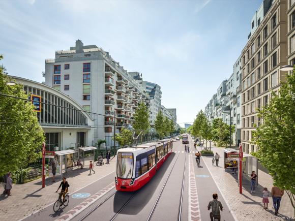 Rendering: neue Straßenbahnlinie 12 fährt durch begrünte Straße