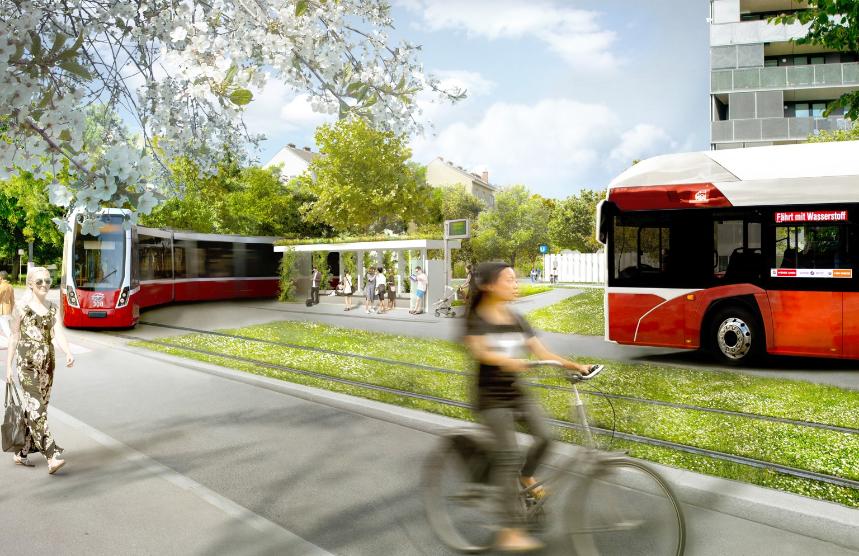 Zukunftsvisualisierung mit Flexity Straßenbahn Bus und Radfahrerin in grüner Umgebung