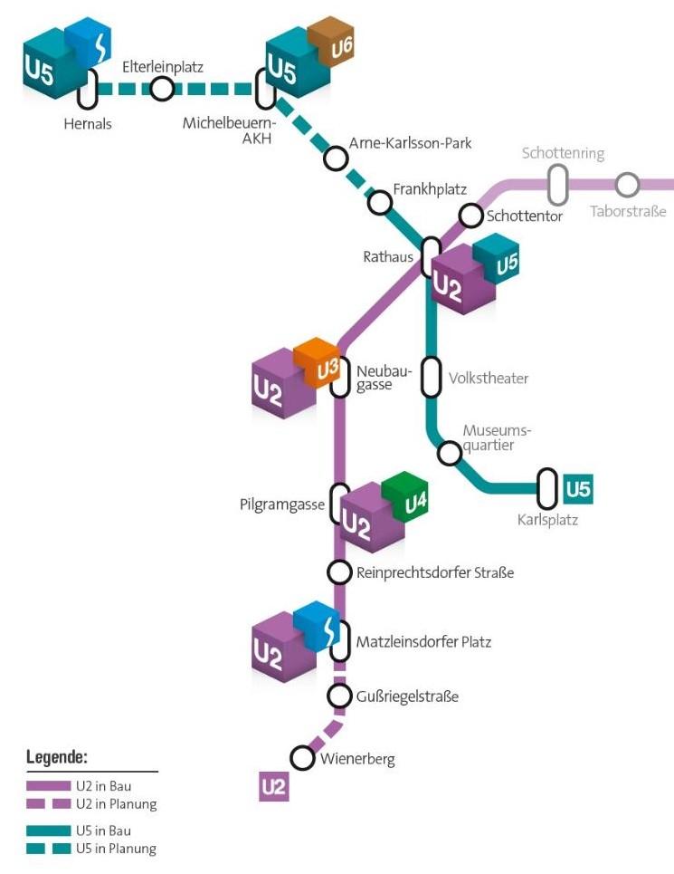 Grafik der neuen Streckenführung und Stationen der verlängerten U2 und der neuen U5