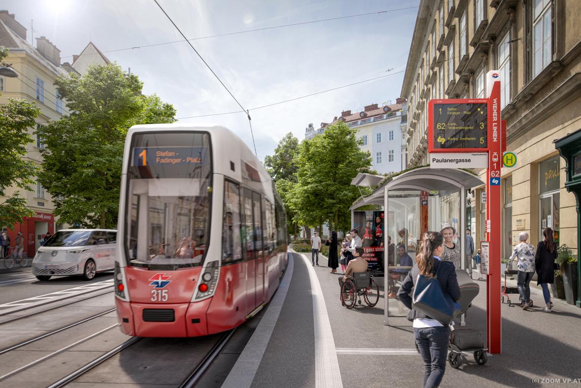 Neue moderne Straßenbahnhaltestelle mit Flexity Bim in der modernsierten Wiedner Hauptstraße