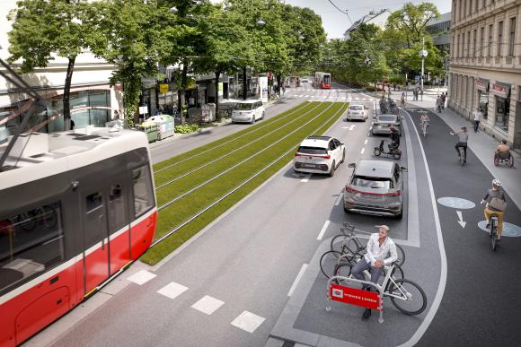 Visualisierung der Wiedner Hauptstraße mit Grüngleis Zwei Richtungs Radweg WienMobil Radstation und WienMobil Auto