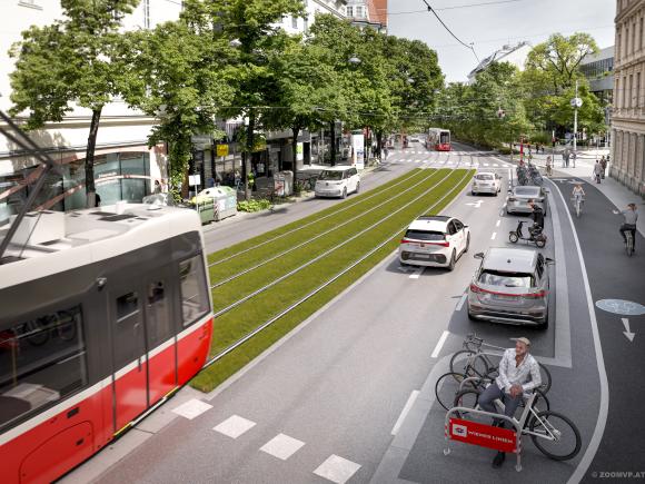 Visualisierung einer Flexity Straßenbahn auf einem Grüngleis in der Wiedner Hauptstraße mit einem neuen breiten Radweg