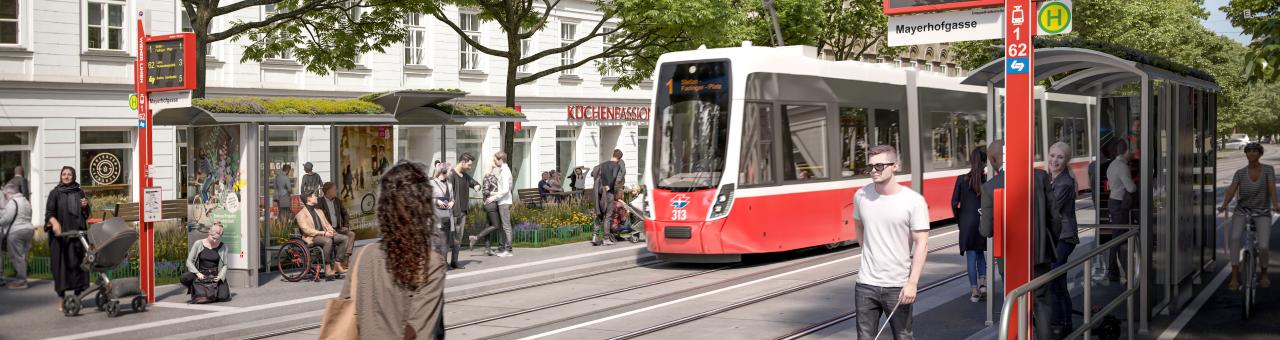 Visualisierung der modernisierten Wiedner Hauptstraße mit einer neuen Straßenbahnhaltestelle einer Flexity Straßenbahn und vielen Menschen