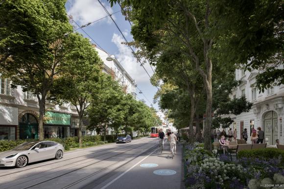 Visualisierung der Wiedner Hauptstraße mit Grünflächen und einem Zwei Richtungs Radweg