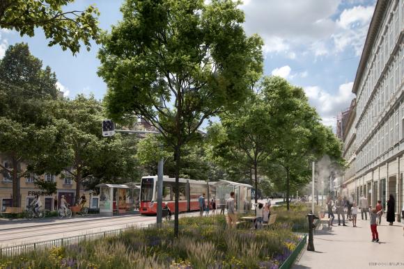 Visualisierung der Wiedner Hauptstraße mit vielen Bäumen und Grünflächen und einer Flexity Straßenbahn